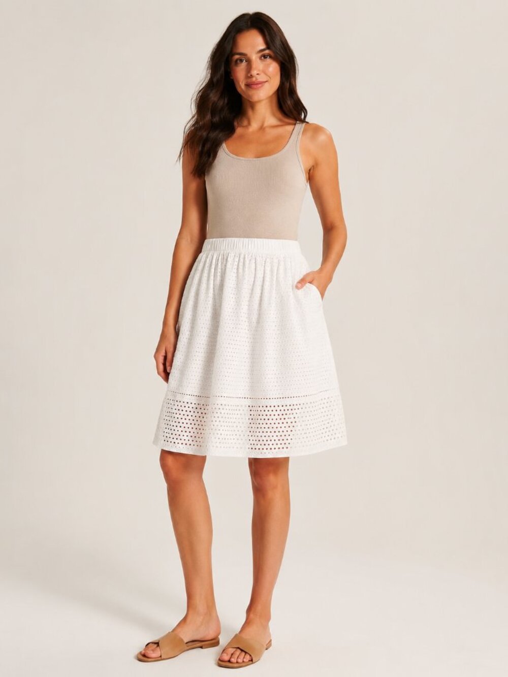 J.Crew White Eyelet Skirt 2 Petite 100% Cotton Lined Pull On Elastic Waist
